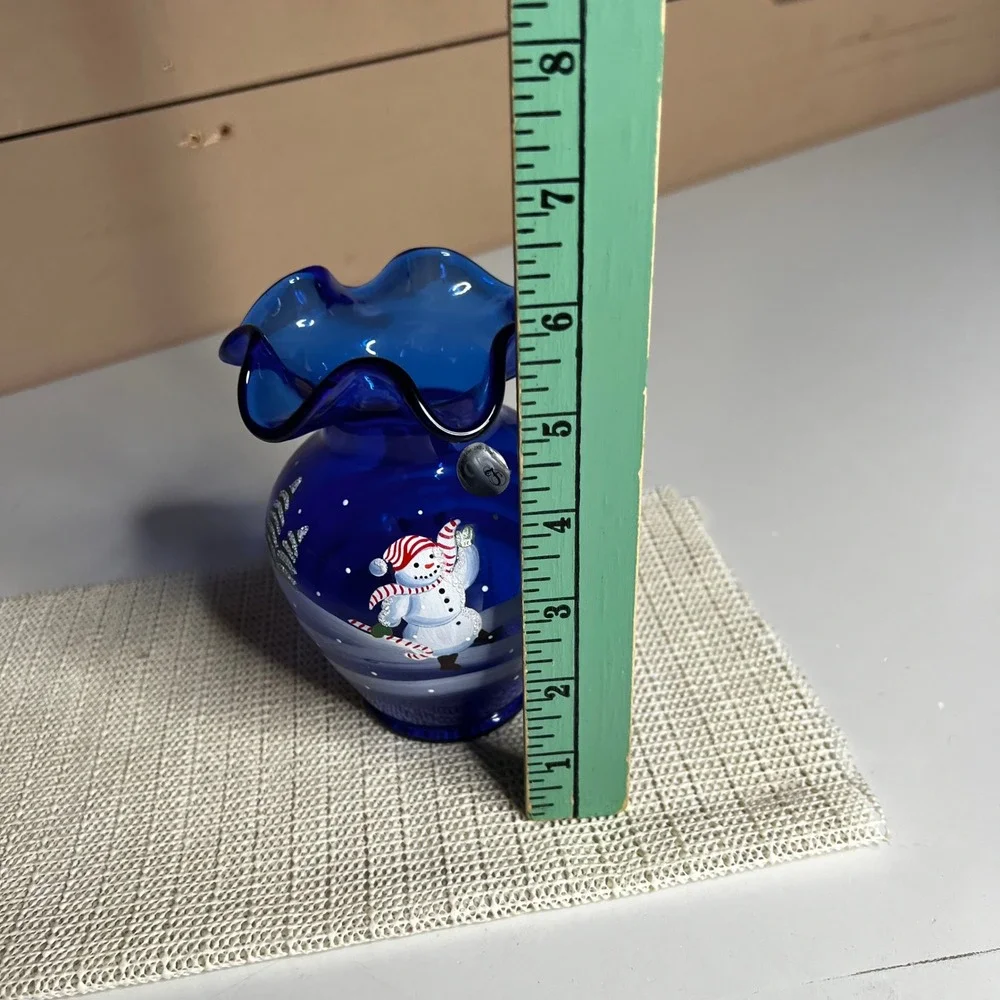 Fenton Cobalt Blue Glass Ruffled Vase Hand Painted Artist Signed C‎ A Hall